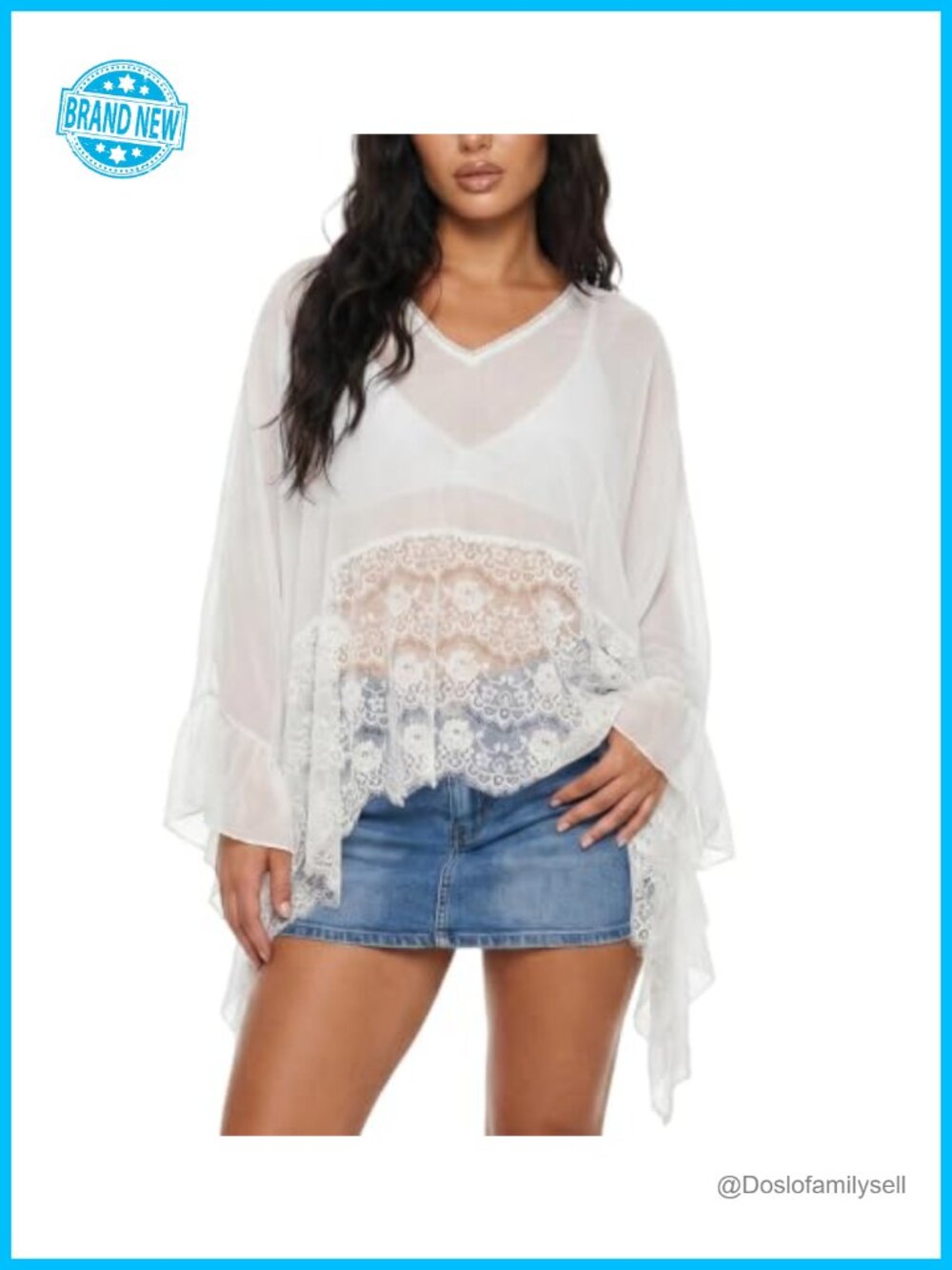 Sheer Lace Poncho Cover Up Batwing Sleeve Mesh Blouse
